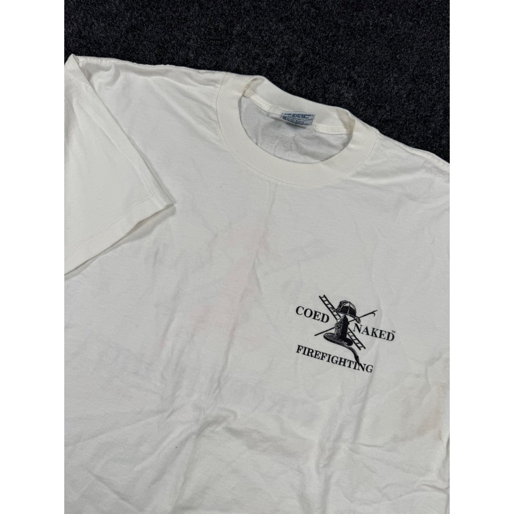 VTG Coed Naked Firefighting T Shirt Find Em Hot Leave Em Wet USA XL White